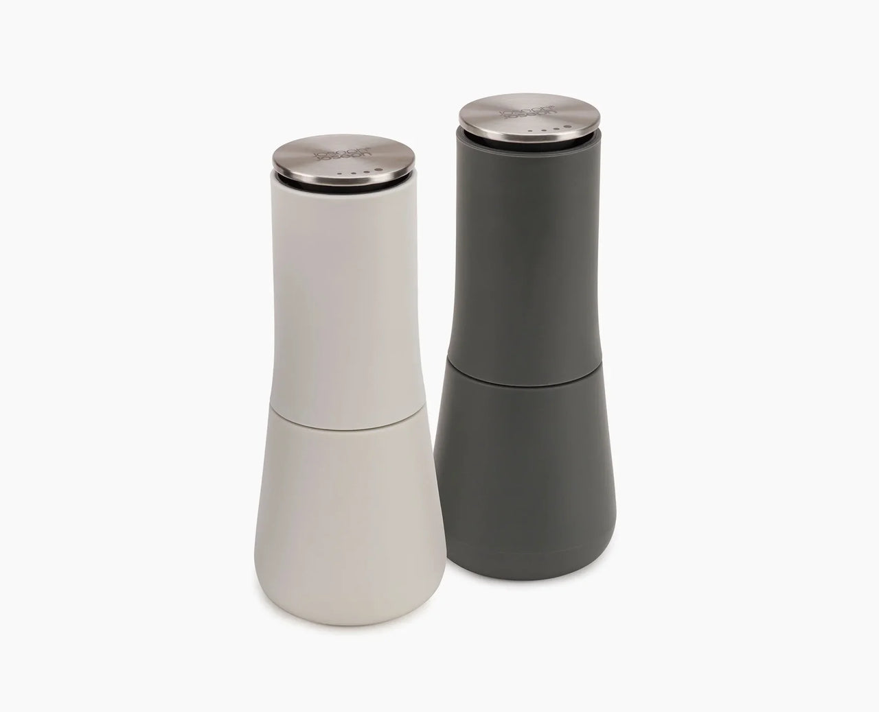 Salt and pepper mill set, matte white and grey bodies with stainless grinding caps