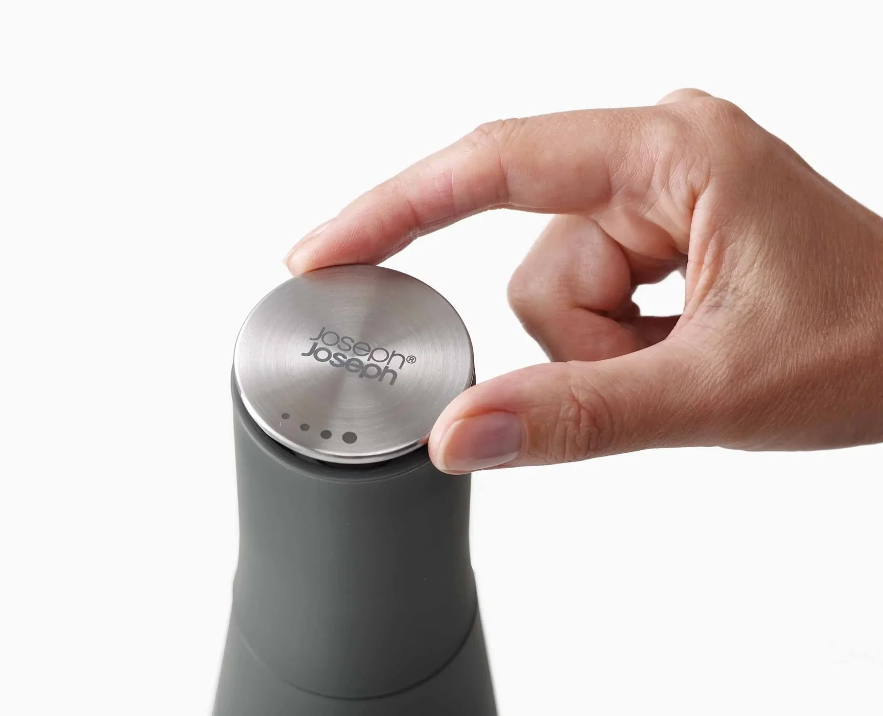 Grey non-spill salt and pepper mill set with hand-lifted stainless top and holes