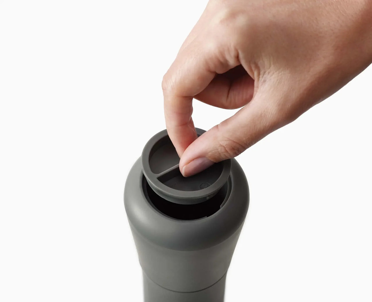 Grey non-spill salt and pepper mill set with open top and internal chamber