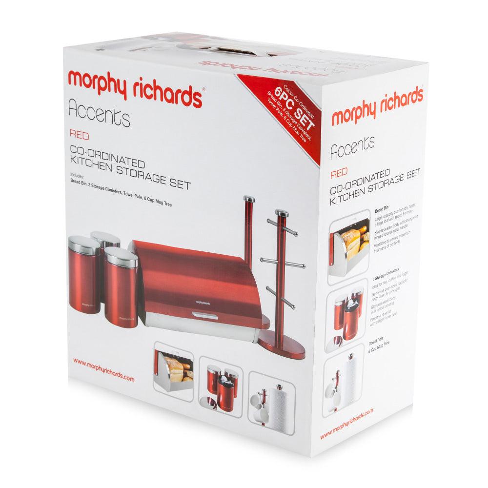 Morphy Richards Accents Bread Bin, Canisters, Towel Pole & Mug Tree Kitchen Set 974100 (Red).