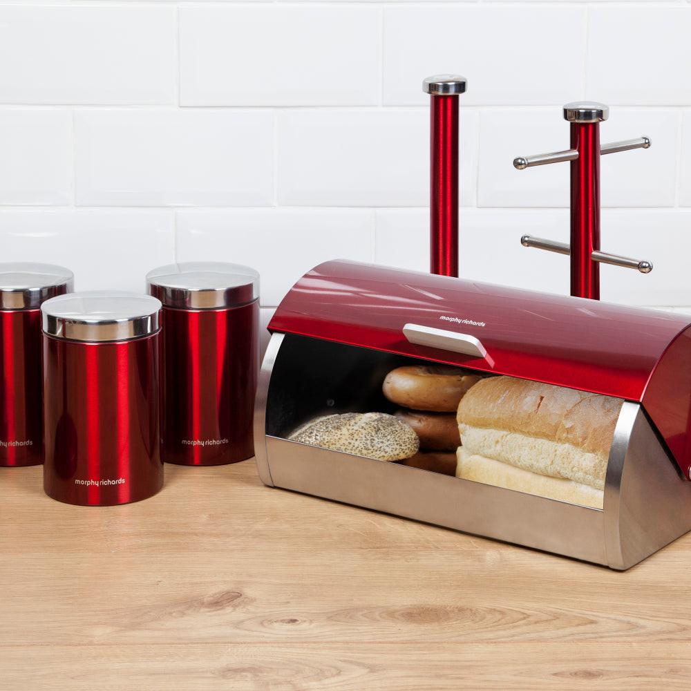 Morphy Richards Accents Bread Bin, Canisters, Towel Pole & Mug Tree Kitchen Set 974100 (Red).