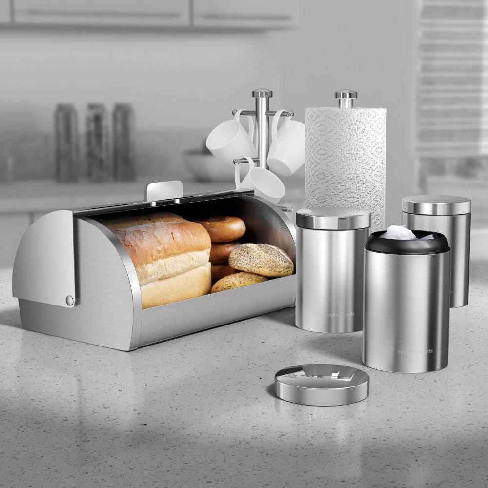 Morphy Richards Accents Bread Bin, Canisters, Towel Pole & Mug Tree Kitchen Set 974104 (Silver).