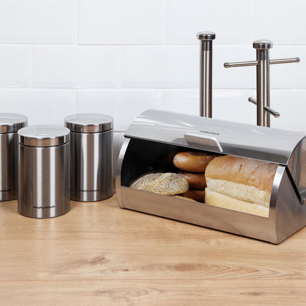 Morphy Richards Accents Bread Bin, Canisters, Towel Pole & Mug Tree Kitchen Set 974104 (Silver).