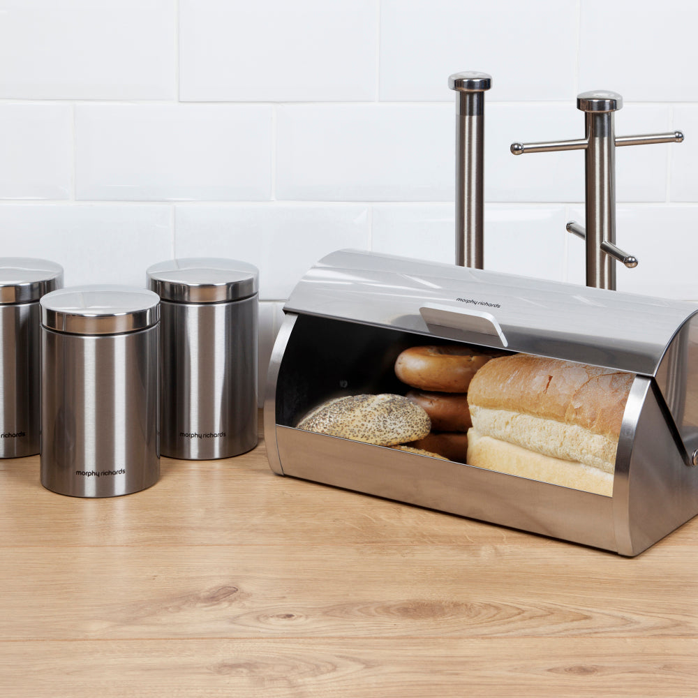 Morphy Richards Accents Silver 6pc Kitchen Storage Set Bread Bin Canisters 974104