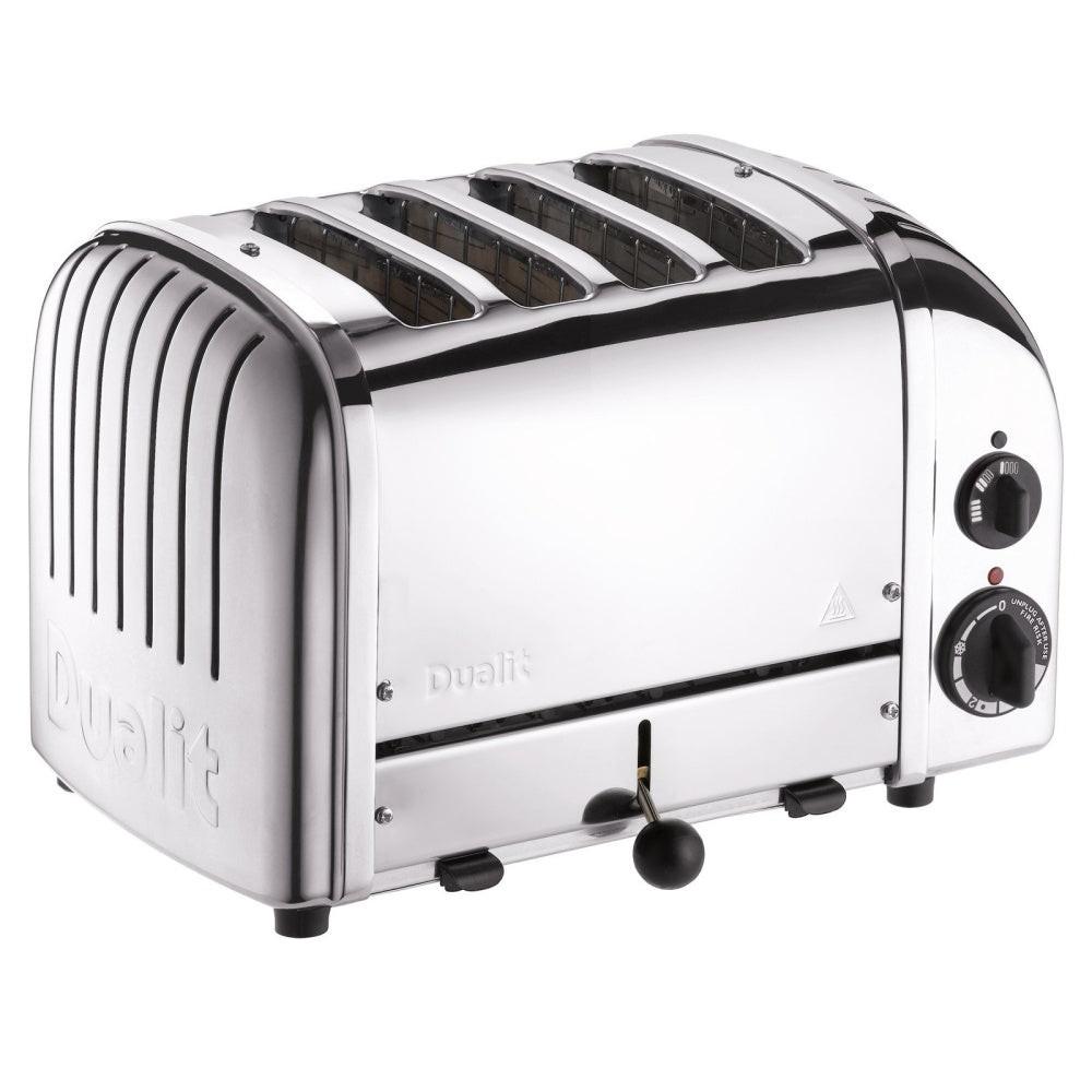 Dualit stainless 4-slice toaster, front angled view with lever