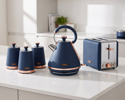 Tower Tower Cavaletto Pyramid Kettle, 2 Slice Toaster & Canisters Kitchen Set (Midnight Blue)