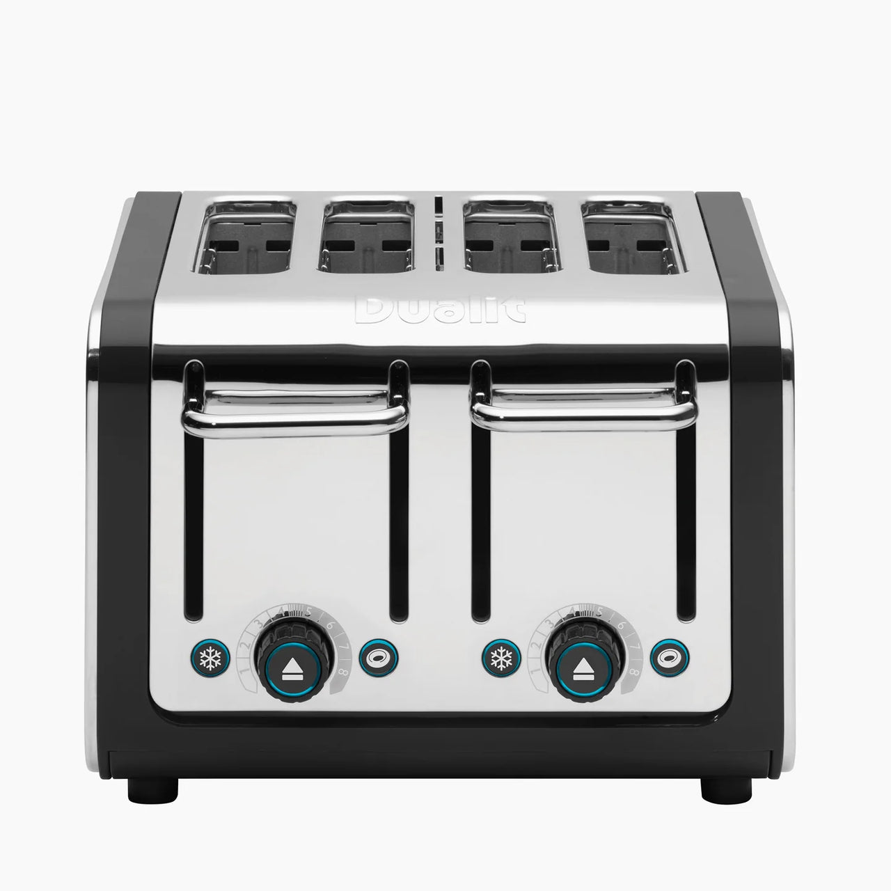 Black and stainless-steel 4-slice toaster with four empty slots and control panel