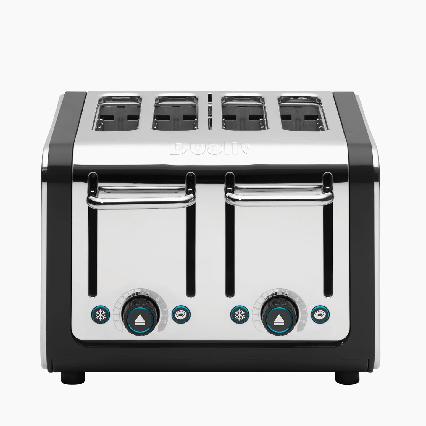 Black and stainless-steel 4-slice toaster with four empty slots and control panel