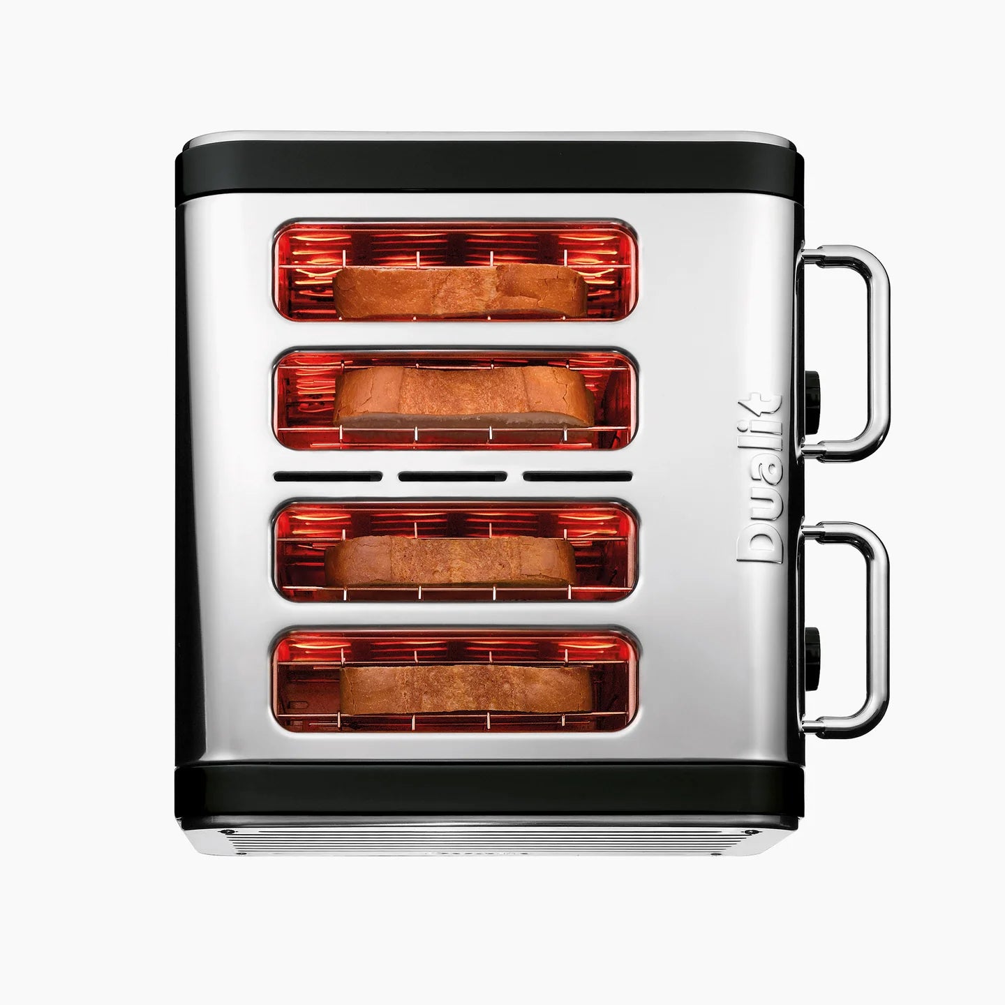 Black 4-slice toaster with glowing red heating elements and bread slices inside