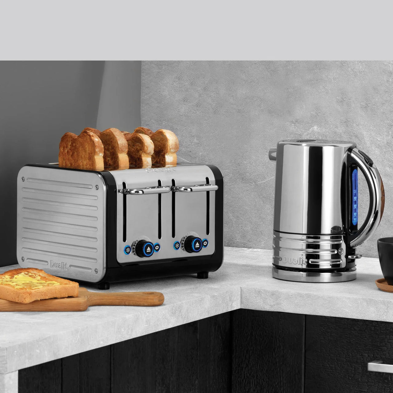 Dualit Architect 4-slice toaster with toast and stainless steel kettle, blue dials