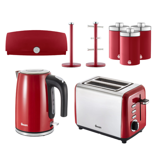 Swan TownHouse Kettle, 2 Slice Toaster, Bread Bin, Canisters, Mug Tree & Towel Pole Kitchen Set (Red)