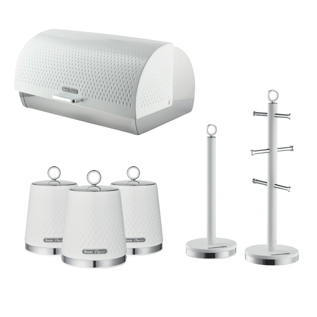 Swan Elegance Bread Bin, Canisters, Mug Tree & Towel Pole Kitchen Set (White)