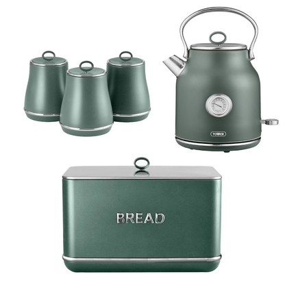 Tower Renaissance Kettle, Bread Bin & Canisters Kitchen Set (Forest Green)