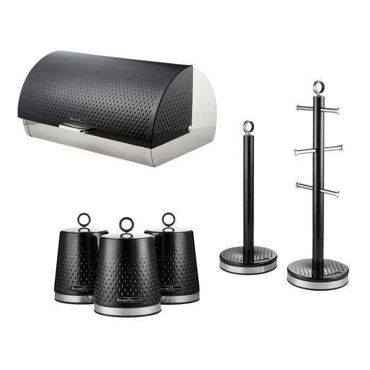 Swan Elegance Bread Bin, Canisters, Towel Pole & Mug Tree Kitchen Set (Black)