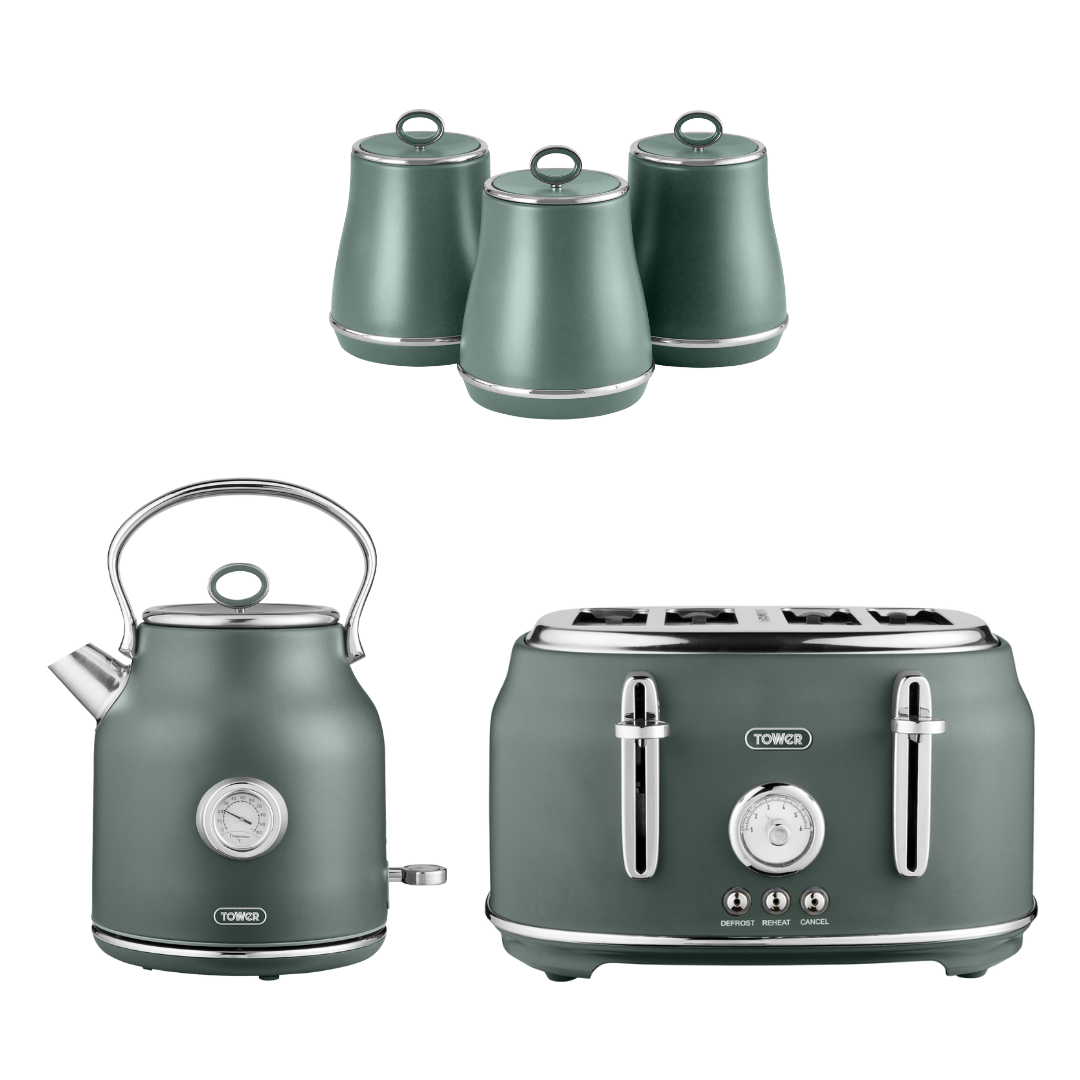 Tower Renaissance Kettle, 4 Slice Toaster & Canisters Kitchen Set (Forest Green)