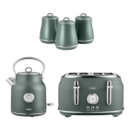 Tower Renaissance Kettle, 4 Slice Toaster & Canisters Kitchen Set (Forest Green)