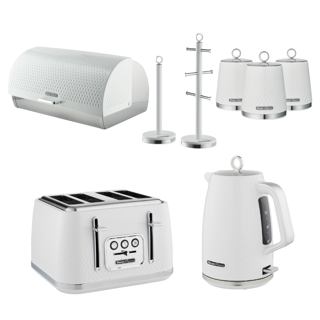 Swan Elegance Kettle, 4 Slice Toaster, Bread Bin, Canisters, Mug Tree & Towel Pole Kitchen Set (White)