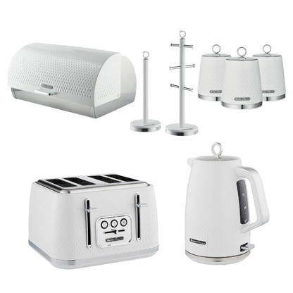 Swan Elegance Kettle, 4 Slice Toaster, Bread Bin, Canisters, Mug Tree & Towel Pole Kitchen Set (White)