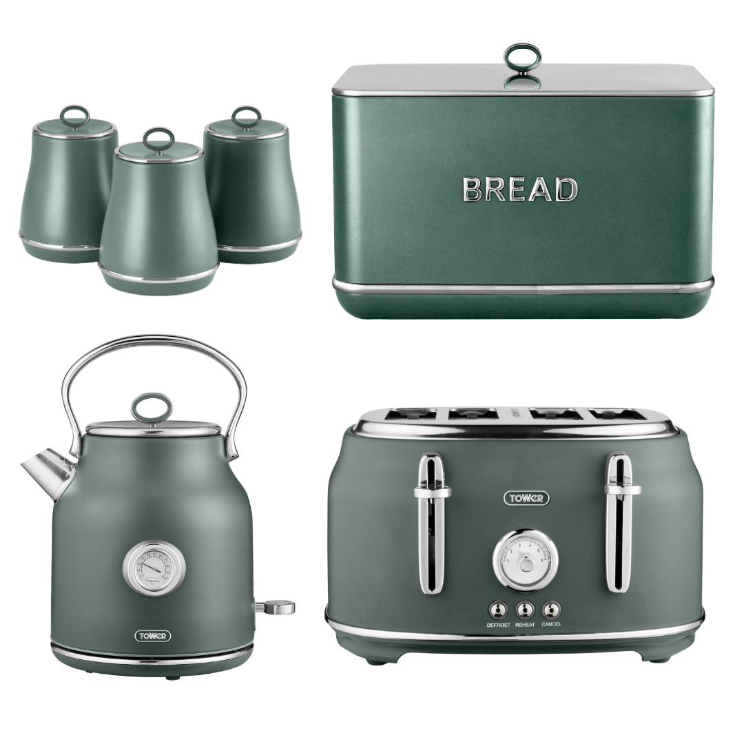 Tower Renaissance Kettle, 4 Slice Toaster, Bread Bin & Canisters Kitchen Set (Forest Green)