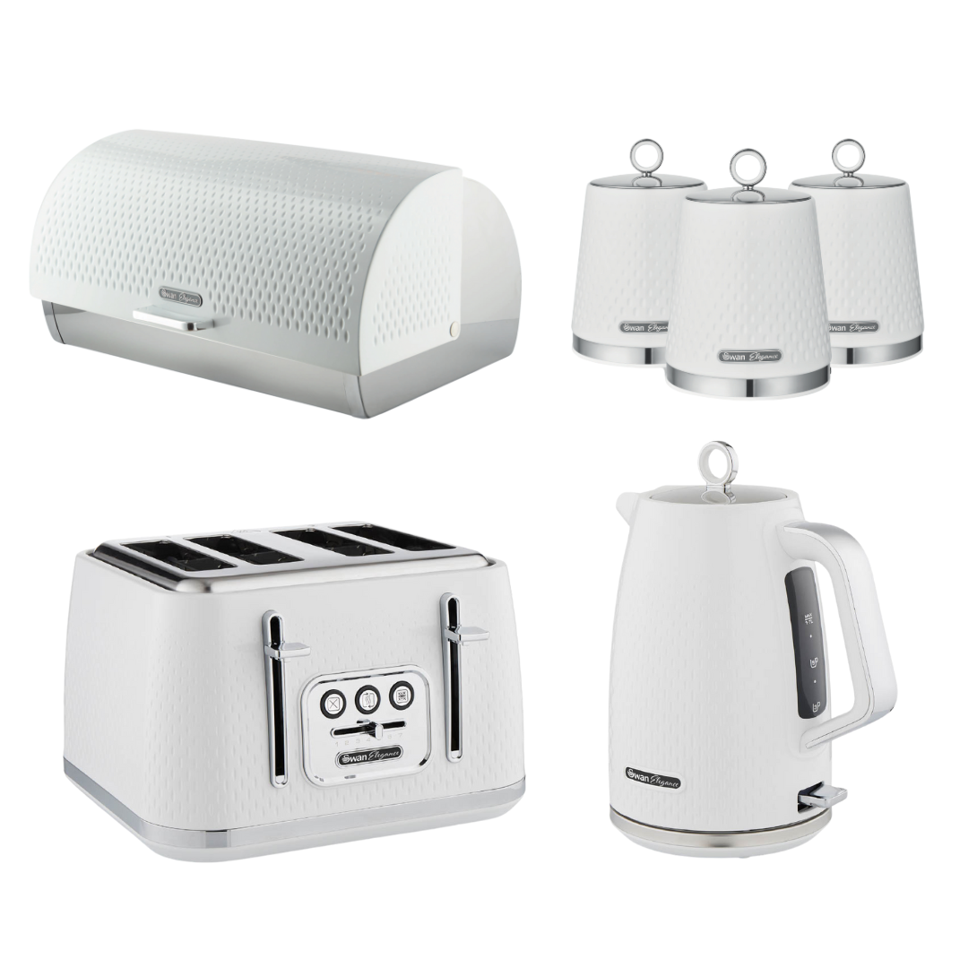 Swan Elegance Kettle, 4 Slice Toaster, Bread Bin & Canisters Kitchen Set (White)