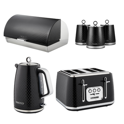 Swan Elegance Kettle, 4 Slice Toaster, Bread Bin & Canisters Kitchen Set (Black)