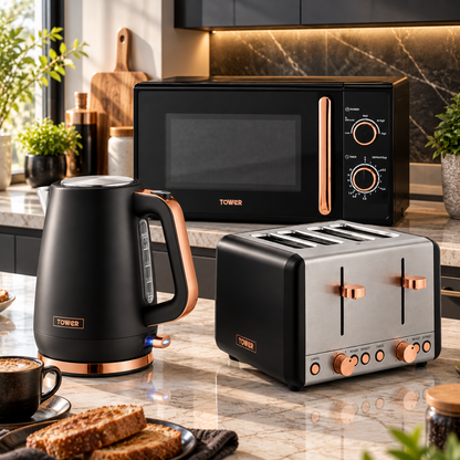 Tower Tower Cavaletto Jug Kettle, 4 Slice Toaster & Microwave Kitchen Set (Black)