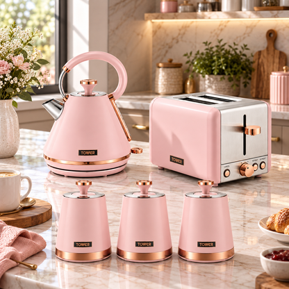 Tower Tower Cavaletto Pyramid Kettle & 2 Slice Toaster Kitchen Set (Marshmallow Pink)