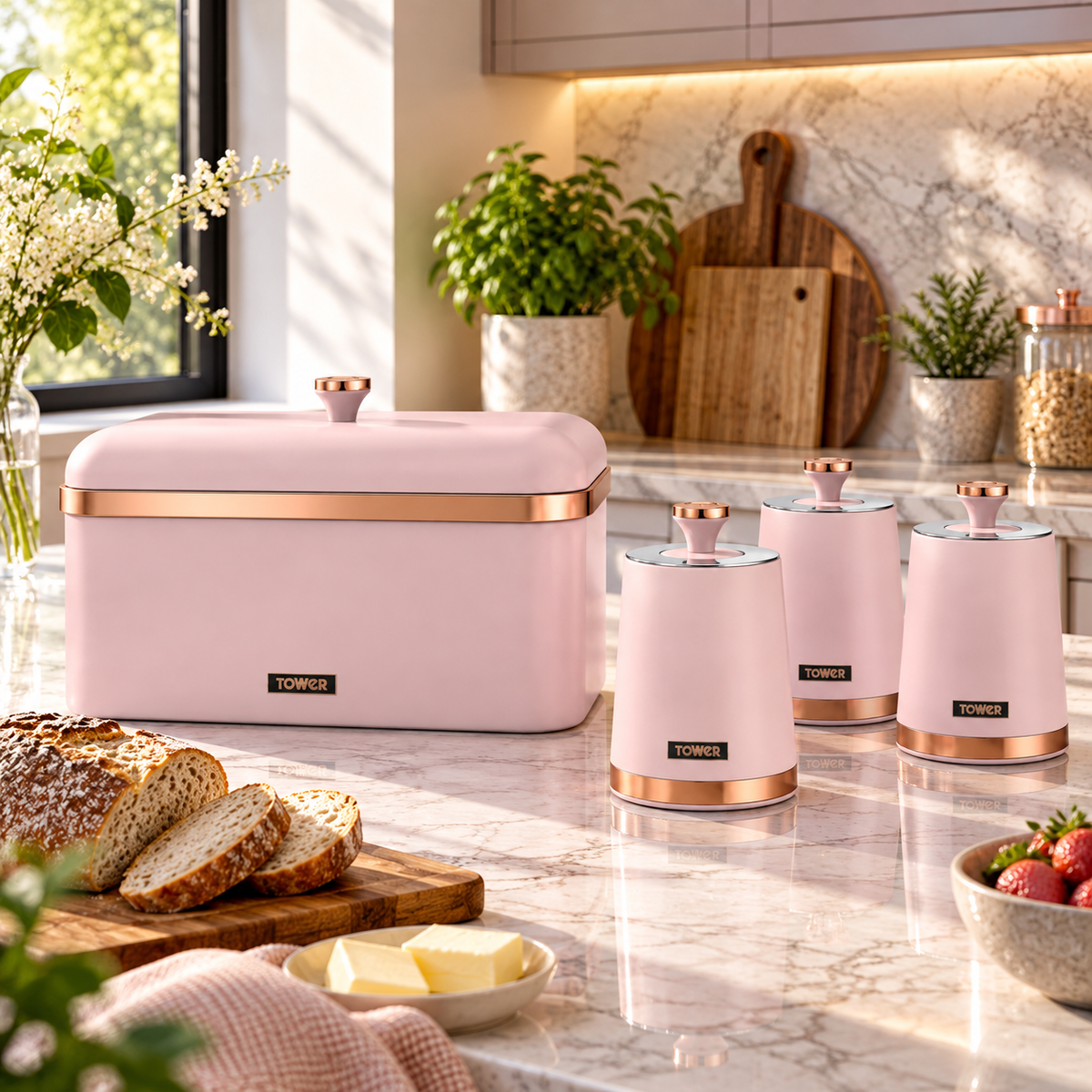 Tower Tower Cavaletto Bread Bin & Canisters Kitchen Storage Set (Marshmallow Pink)