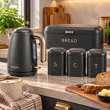 Salter Salter Pebble Kettle, Bread Bin & Canisters Kitchen Set (Charcoal)