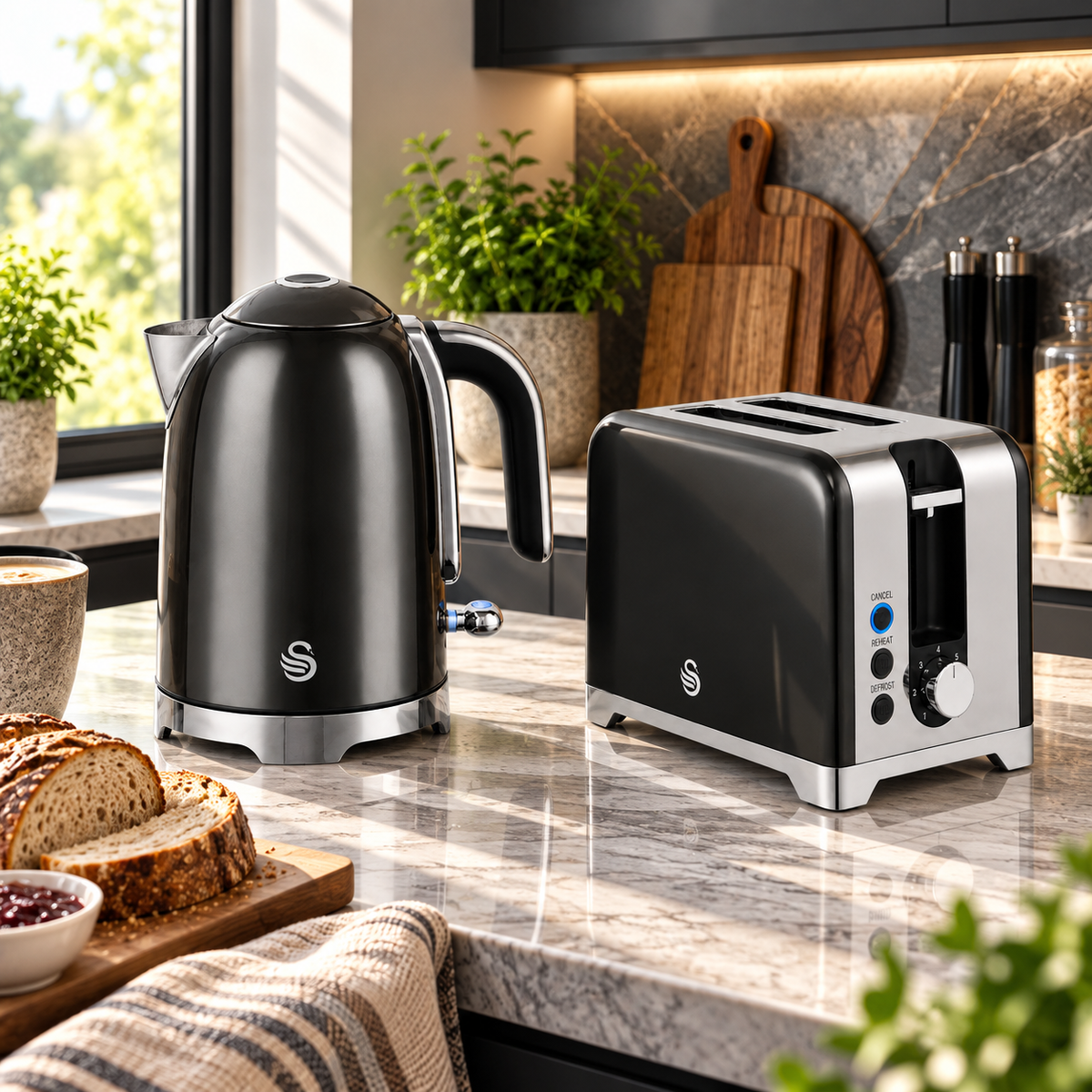 Swan Swan Solace Jug Kettle & 2 Slice Toaster Kitchen Set (Graphite)