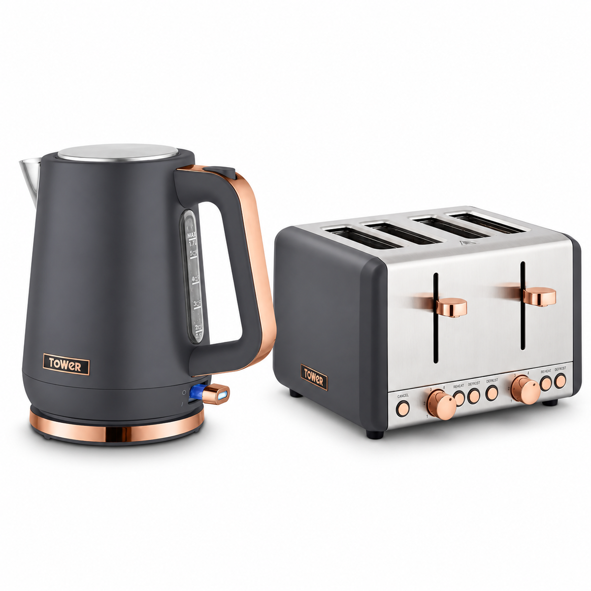 Tower Tower Cavaletto Jug Kettle & 4 Slice Toaster Kitchen Set (Grey)