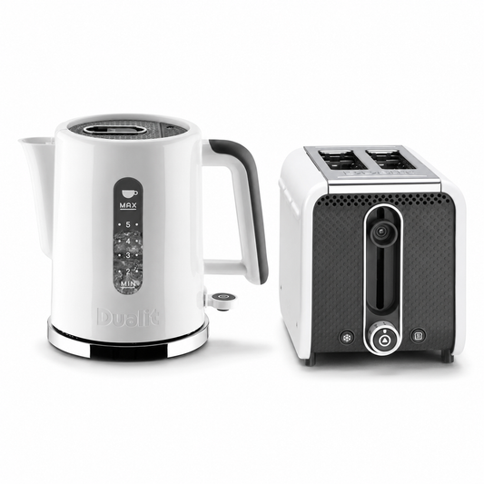 Dualit studio kettle and 2-slice toaster set, white kettle with matching dark grey toaster