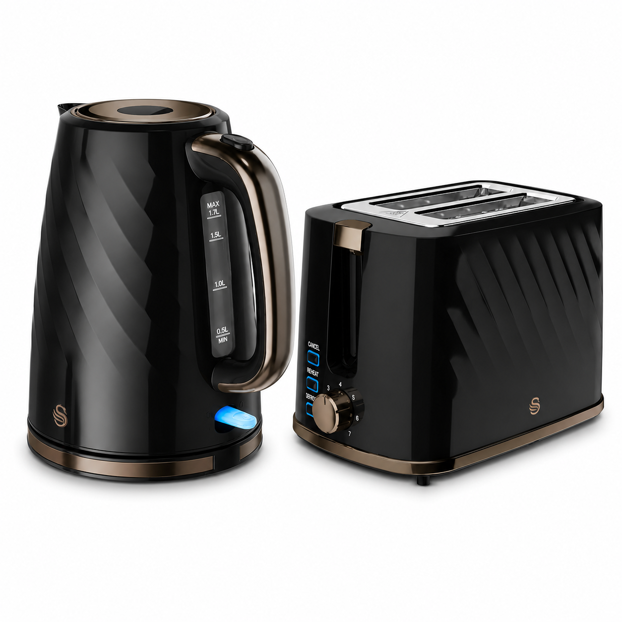 Swan Windsor Textured Kettle & 2 Slice Toaster Set (Black/Gunmetal Brass Trim)
