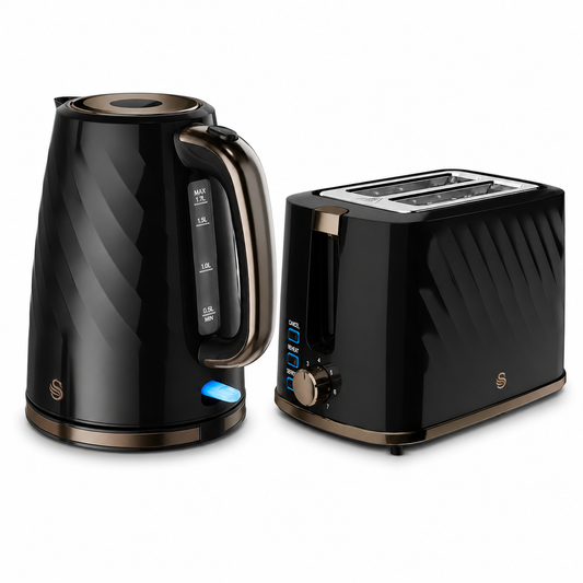 Swan Swan Windsor Textured Kettle & 2 Slice Toaster Set (Black/Gunmetal Brass Trim)