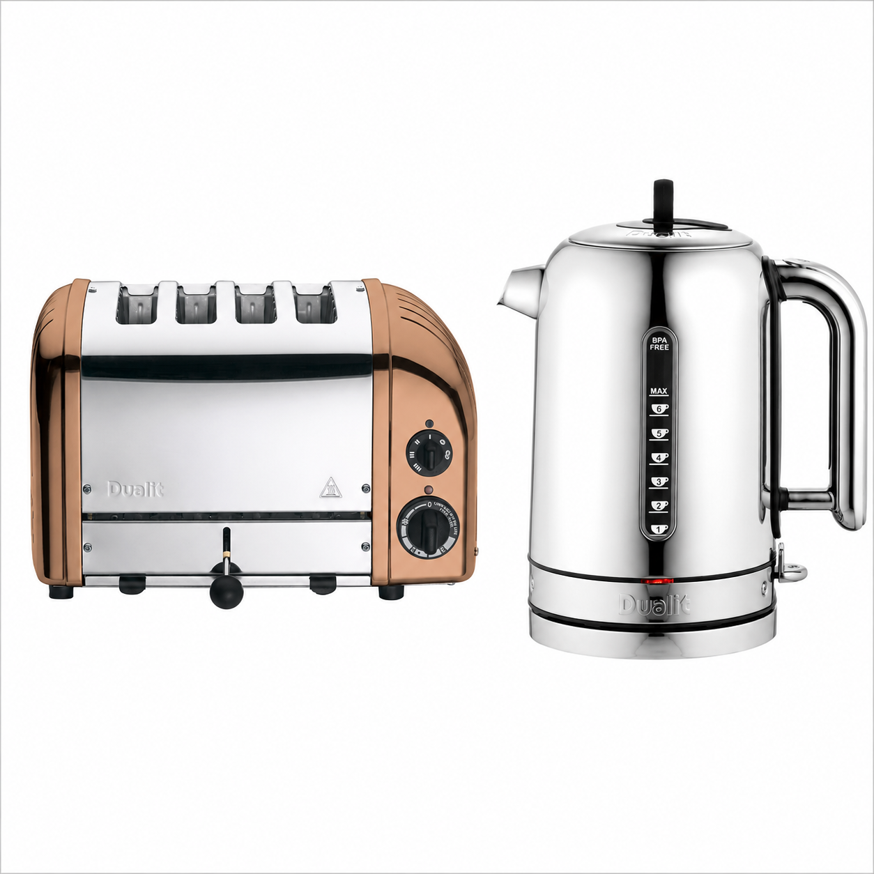 Dualit Classic Silver Kettle & Copper 4 Slice Vario AWS Toaster Kitchen Set