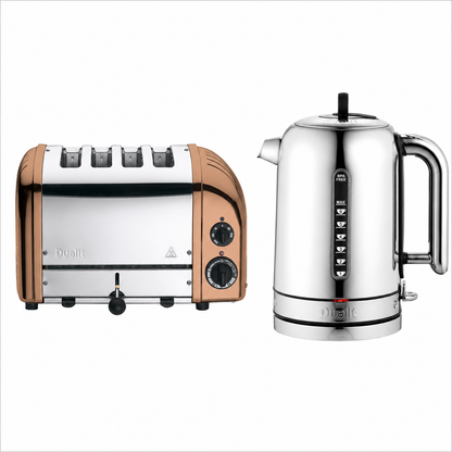 Dualit Classic Silver Kettle & Copper 4 Slice Vario AWS Toaster Kitchen Set
