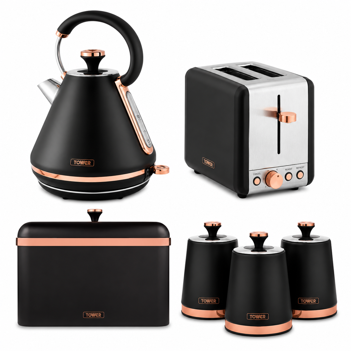 Tower Tower Cavaletto Pyramid Kettle, 2 Slice Toaster, Bread Bin & Canisters Kitchen Set (Black)