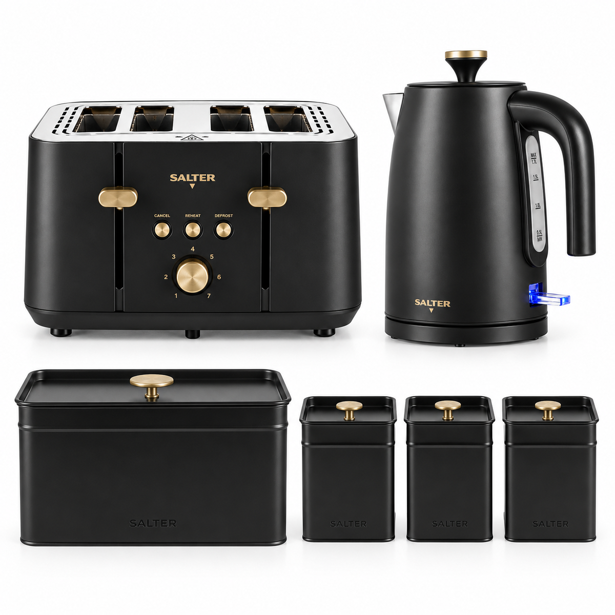 Salter Alchemy Kettle, 4 Slice Toaster, Bread Bin & Canisters Kitchen Set (Black/Gold)