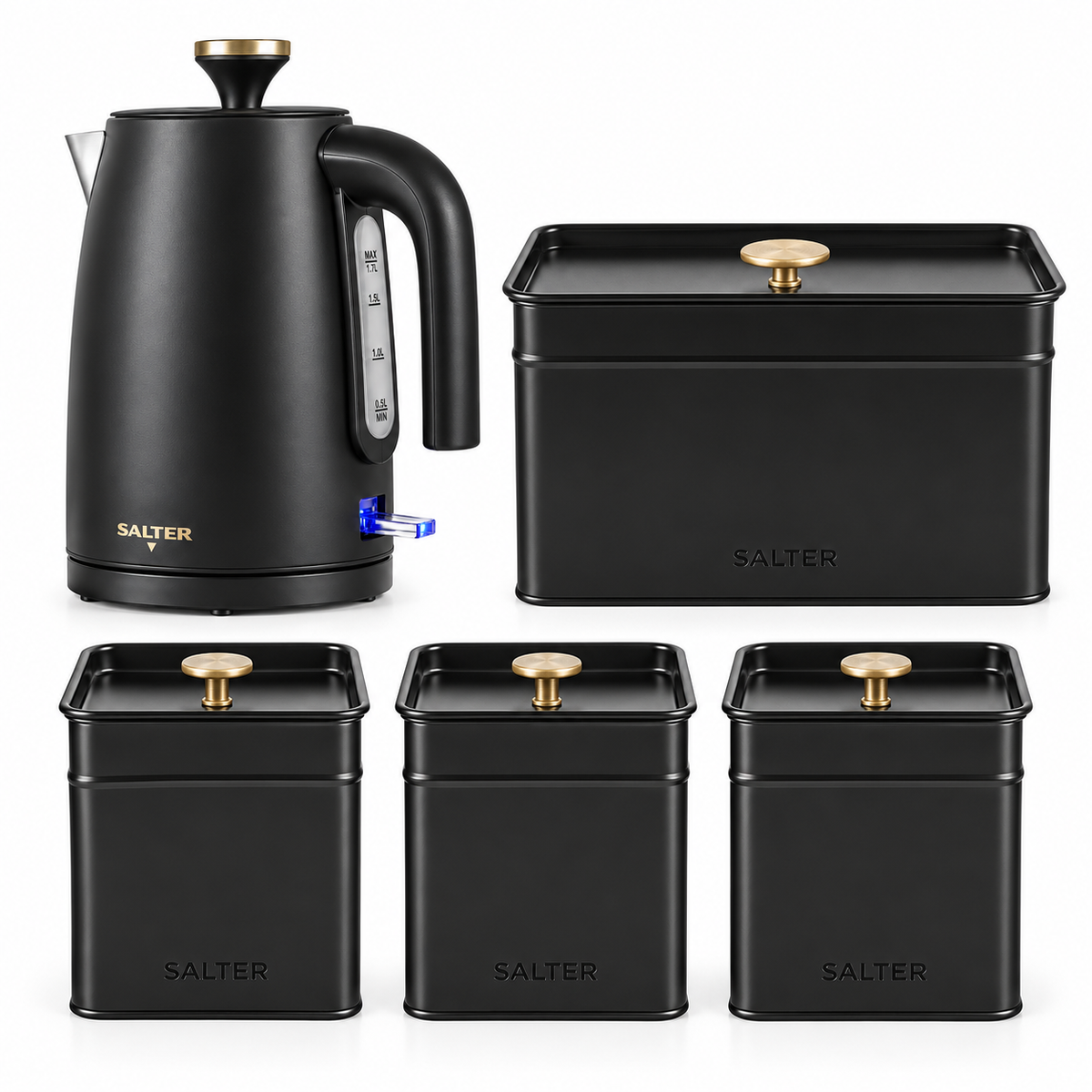 Salter Salter Alchemy Kettle, Bread Bin & Canisters Kitchen Set (Black/Gold)