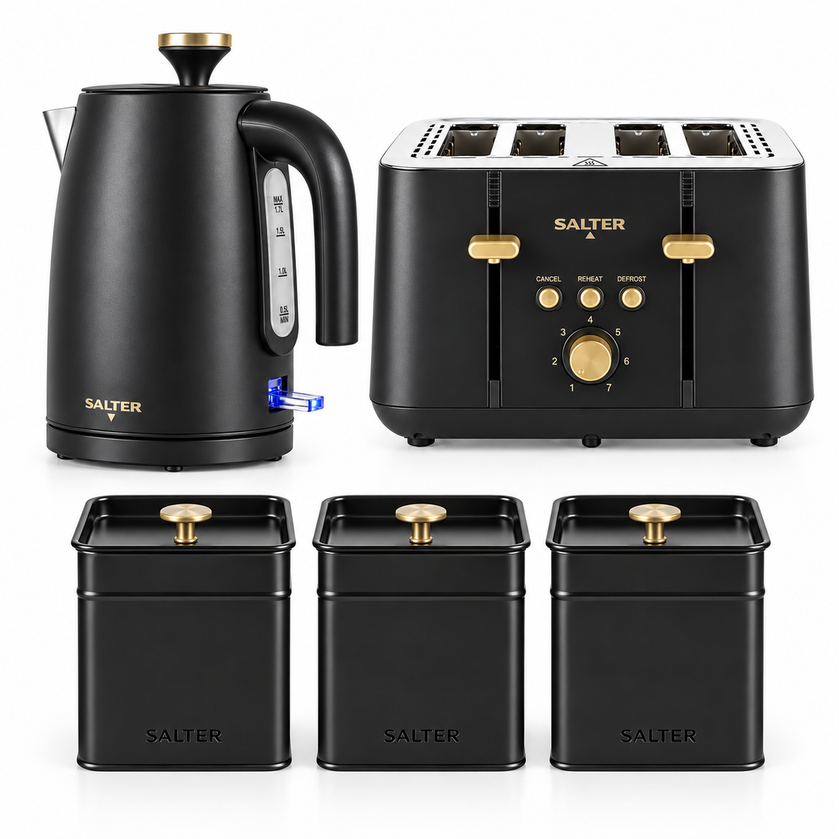 Salter Salter Alchemy Kettle, 4 Slice Toaster & Canisters Kitchen Set (Black/Gold)
