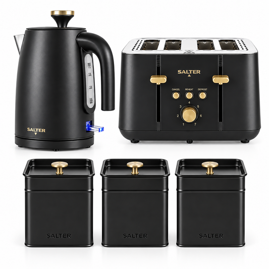 Salter Salter Alchemy Kettle, 4 Slice Toaster & Canisters Kitchen Set (Black/Gold)