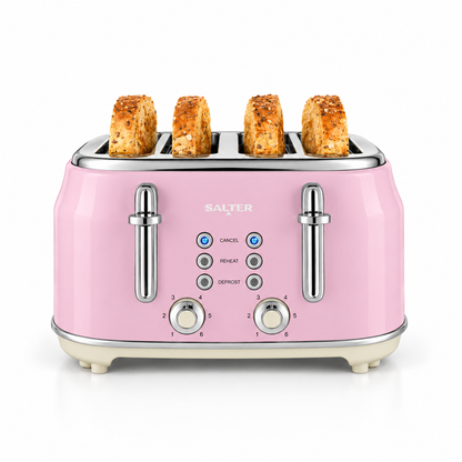 Salter Salter Retro Kettle, 4 Slice Toaster, Bread Bin & Canisters Kitchen Set (Pink)