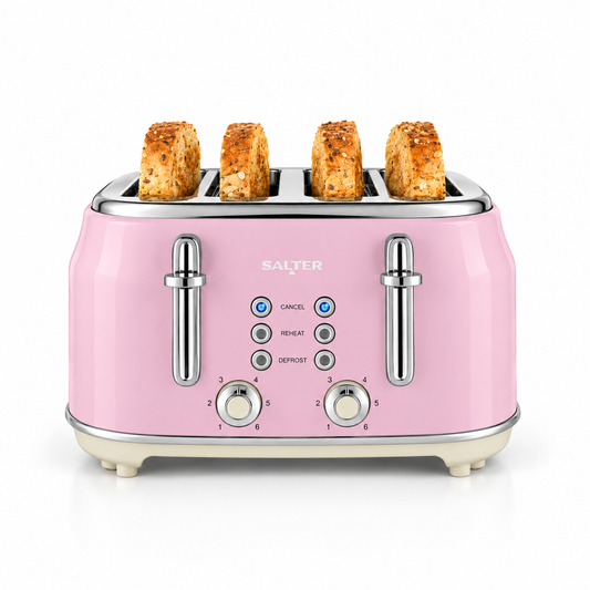 Salter Salter Retro Kettle, 4 Slice Toaster, Bread Bin & Canisters Kitchen Set (Pink)
