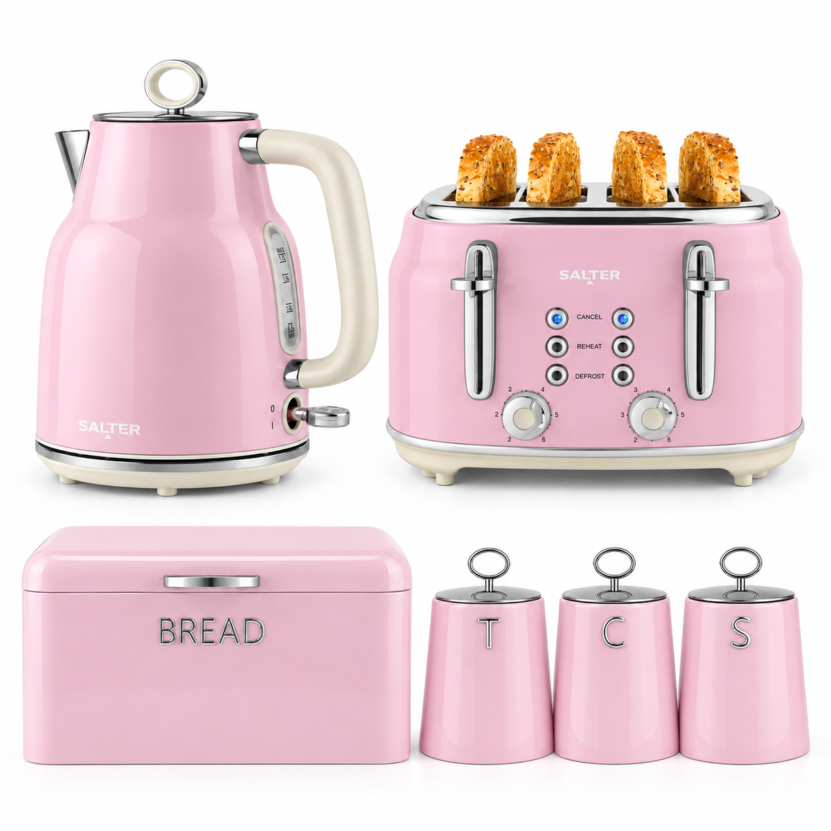 Salter Salter Retro Kettle, 4 Slice Toaster, Bread Bin & Canisters Kitchen Set (Pink)
