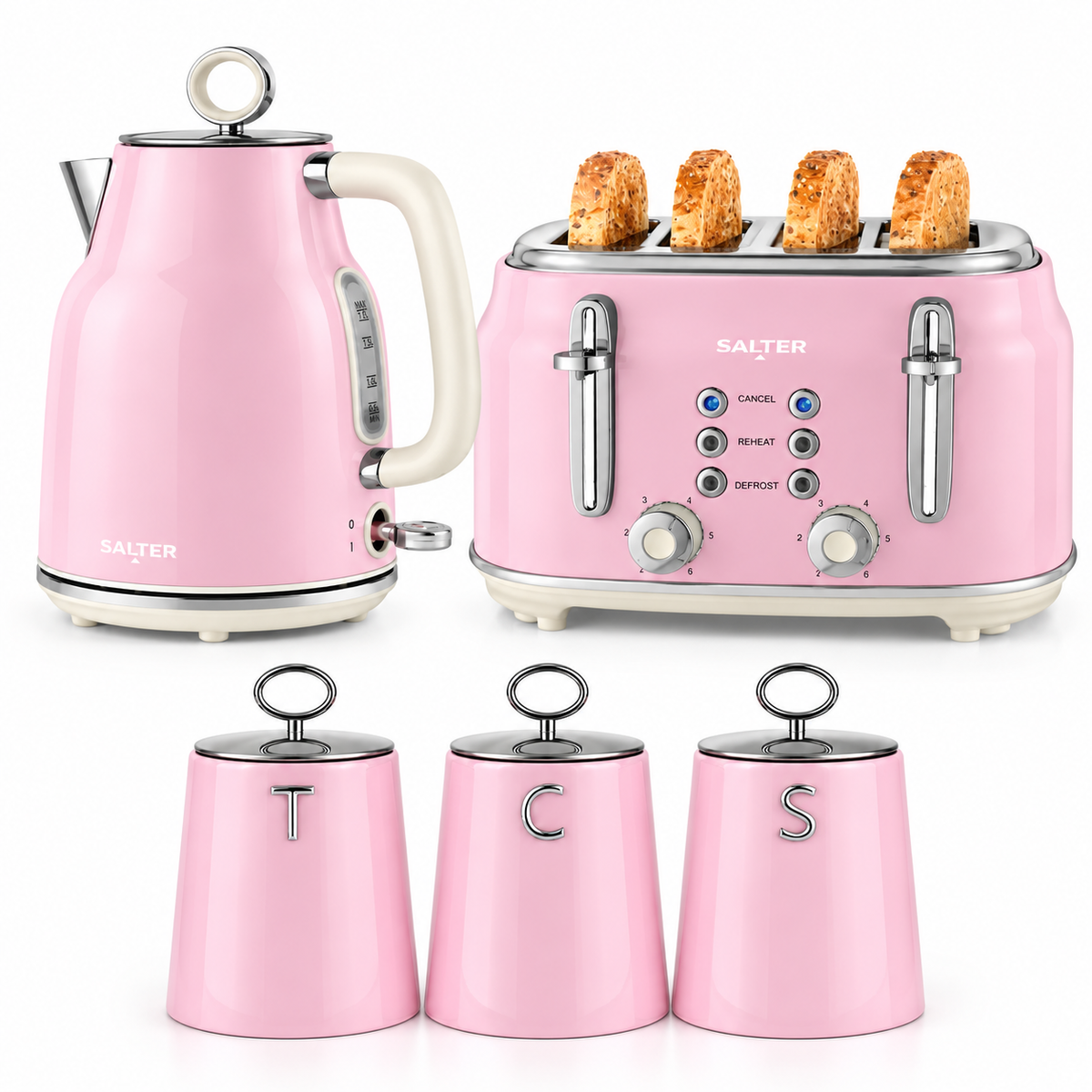 Salter Salter Retro Kettle, 4 Slice Toaster & Canisters Kitchen Set (Pink)