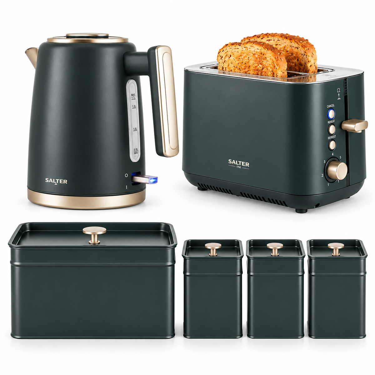 Salter Salter Marino Kettle, 2 Slice Toaster, Bread Bin & Canister Kitchen Set (Grey/Blue)