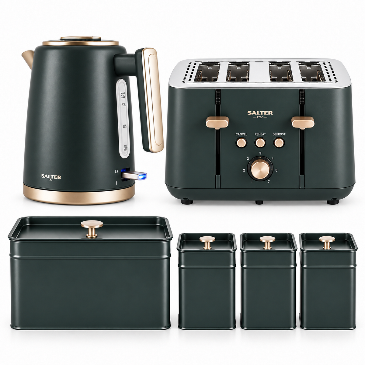 Salter Salter Marino Kettle, 4 Slice Toaster, Bread Bin & Canister Kitchen Set (Grey/Blue)
