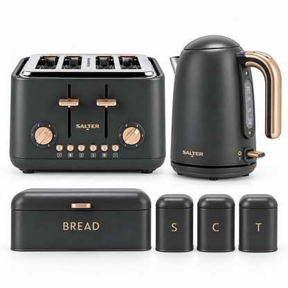 Salter Pebble Kettle, 4 Slice Toaster, Bread Bin & Canisters Kitchen Set (Charcoal)