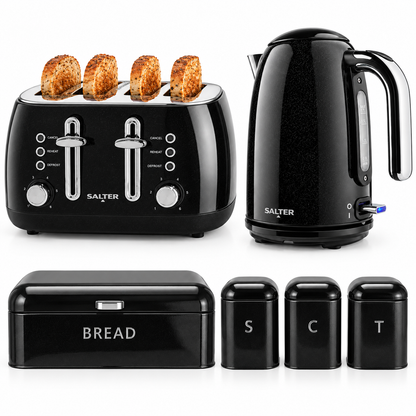 Salter Boston Kettle, 4 Slice Toaster, Bread Bin & Canisters Kitchen Set (Black)