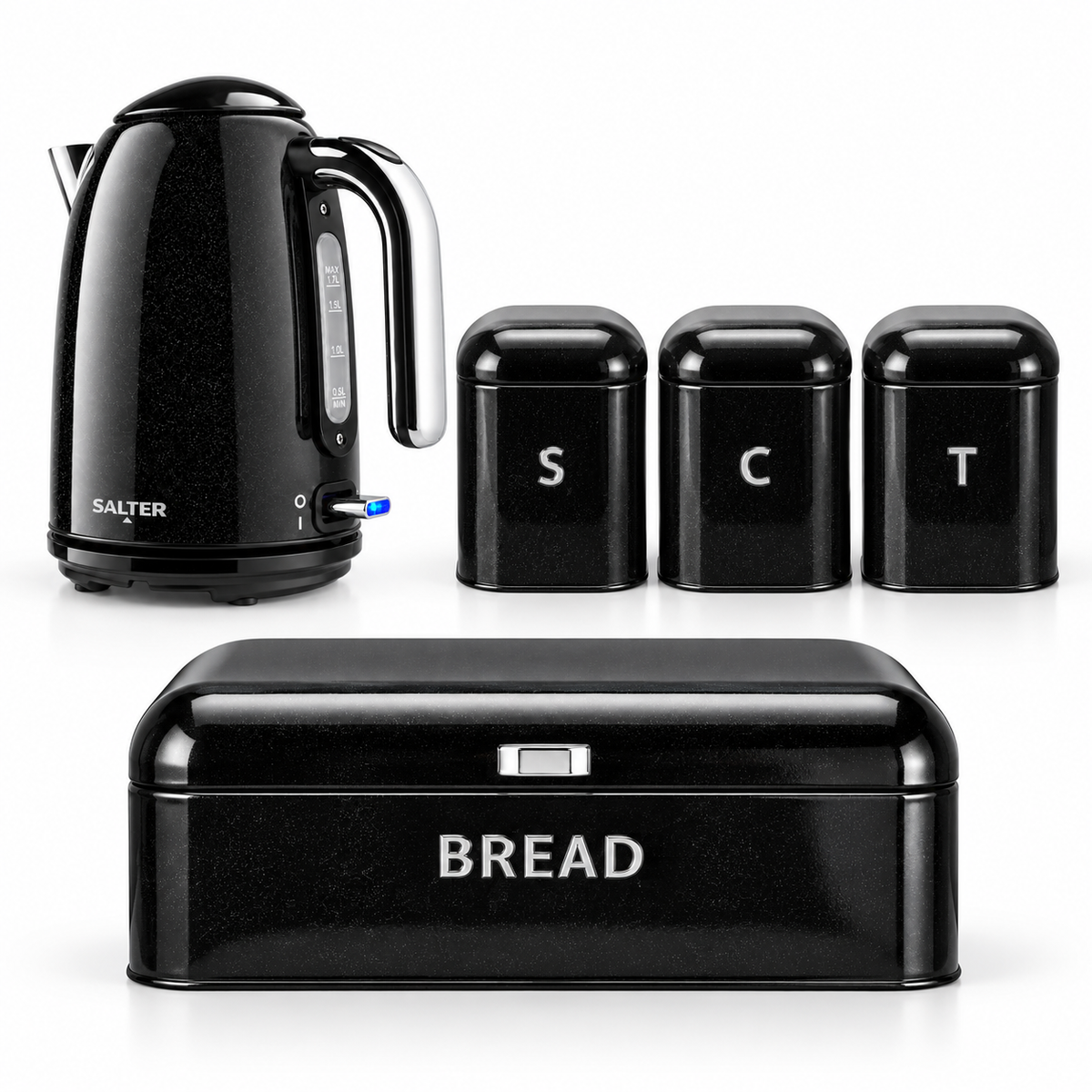 Salter Boston Kettle, Bread Bin & Canisters Kitchen Set (Black)